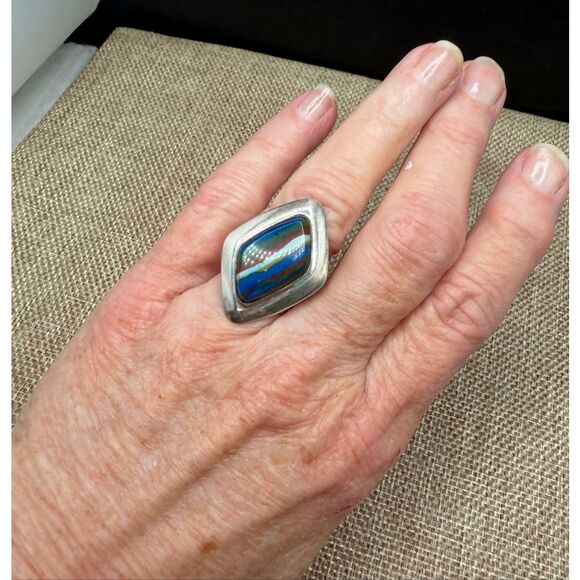 Sterling Silver Multi-Color Inlay Ring – Bold Modernist Statement, Size 7 - Picture 7 of 7
